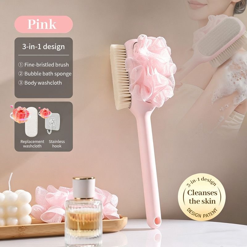 3-in-1 Long-Handle Body Scrub Brush | Pink